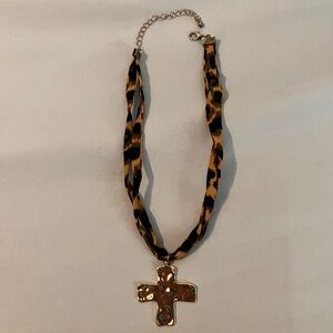 Leopard Print Ribbon Necklace with Gold Cross Pendant